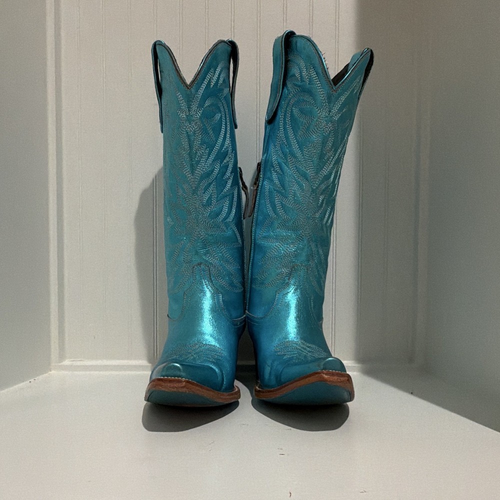 Lane Turquoise Metallic Western Cowboy Boots Pointed Toe Stitched Shaft