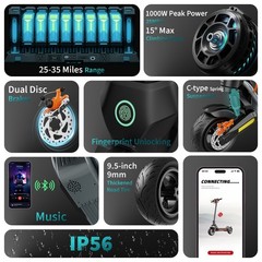 RS500 1000W Electric Scooter 35Miles Max Range 624Wh Battery Fingerprint Unlock
