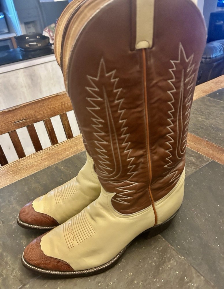 Tony Lama 6214 Western Boots Mens 11D Cowboy Brown Lizard Snip Toe Vamp USA Made