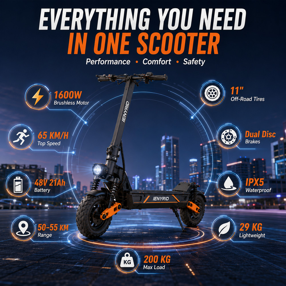 1600W Electric Scooter 48V 21Ah Foldable Adult E Scooter 65KM/H 55KM 11″ Tires