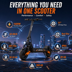 1600W Electric Scooter 48V 21Ah Foldable Adult E Scooter 65KM/H 55KM 11″ Tires