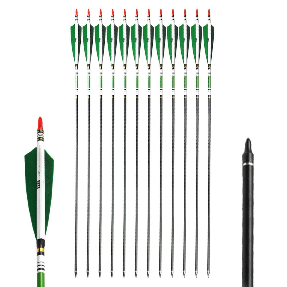 12/24pcs 30″ Carbon Archery Arrows Spine 500 Red Turkey Feather with Quiver Tube