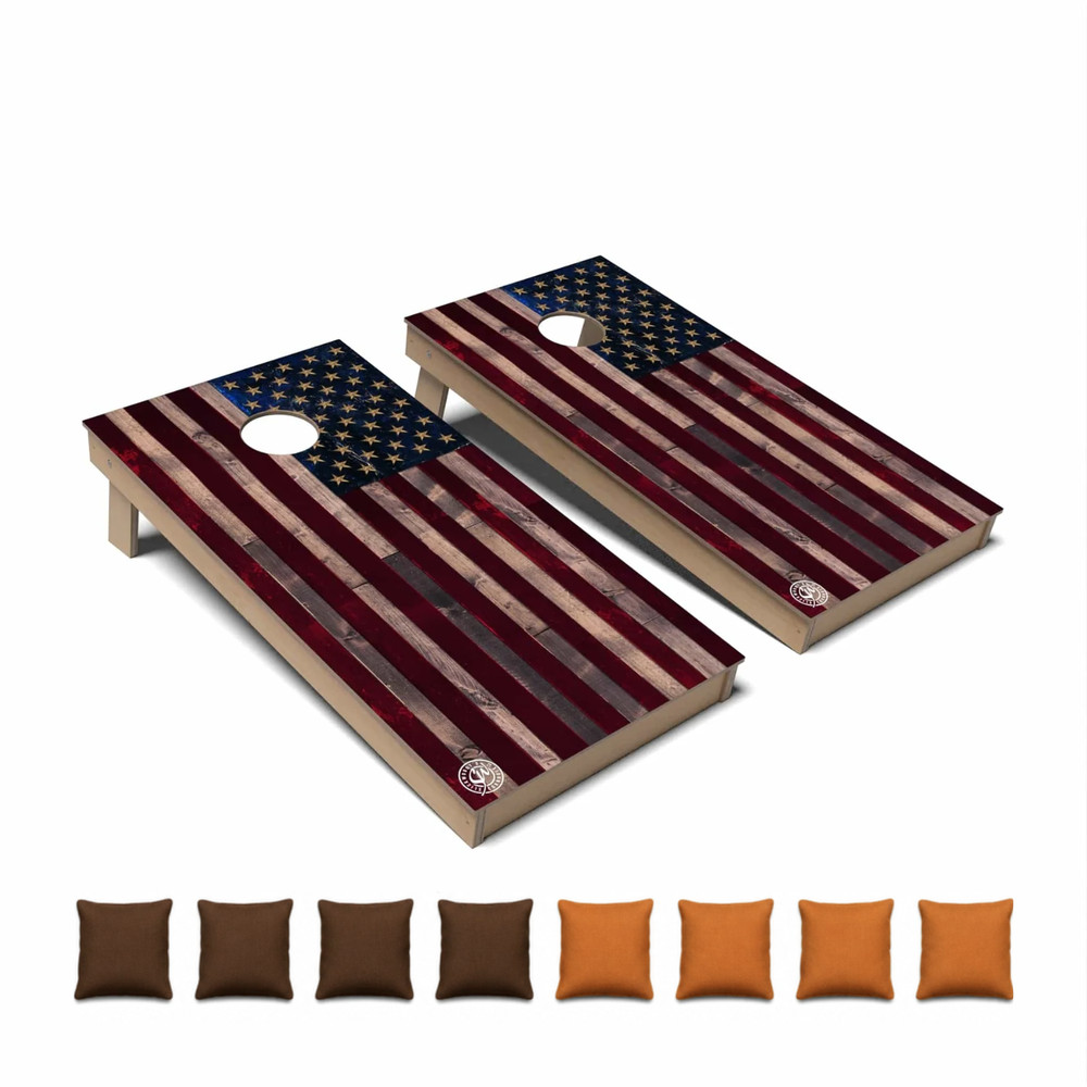 Full Color Rustic American Flag All Weather CORNHOLE BEANBAG TOSS GAME Set
