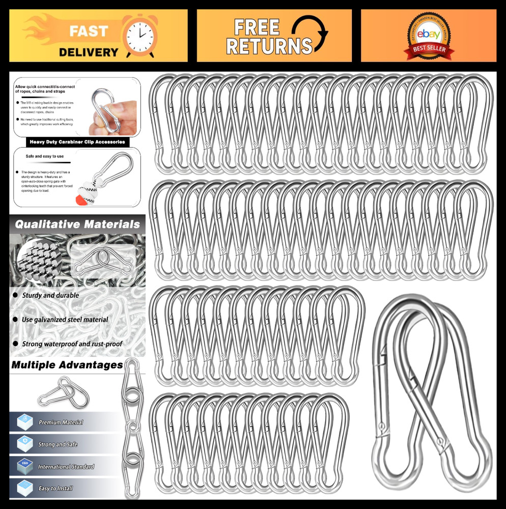200PCS 2.36″ Spring Snap Hooks, Galvanized Steel Carabiner Clips, 260LBS Capacit