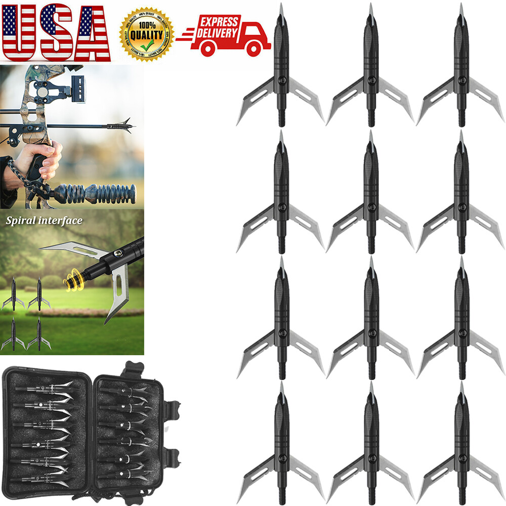 12Pcs 2 Blade Expandable Arrows Broadheads Arrowheads 100 Grain Hunting w/ Box