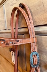 Western Leather Headstall Chestnut W/Black Floral, Wide-Browband Crystal Studs