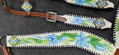 Painted Blue Flowers One Ear Headstall & Breast Collar & Reins NEW