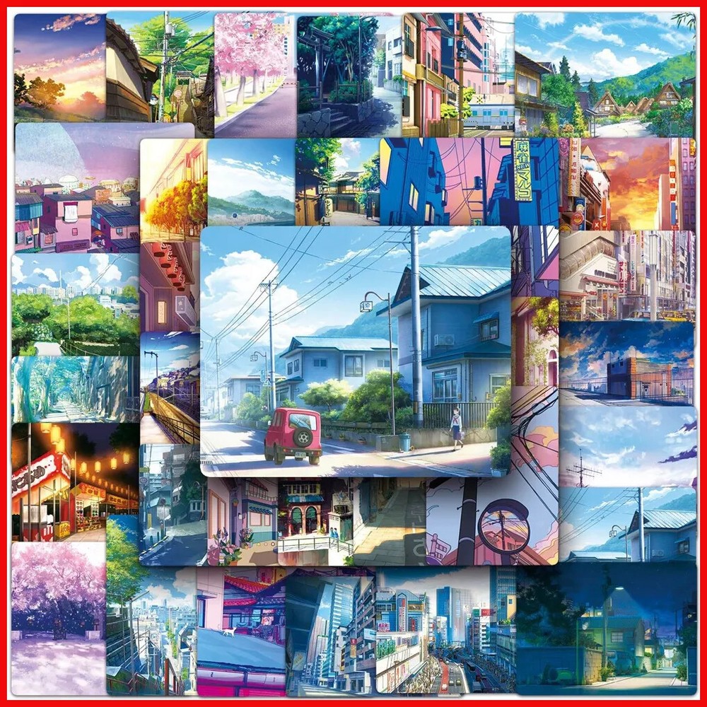 50pcs Anime Cartoon Street View Landscape Stickers Aesthetic Decal Scrapbook