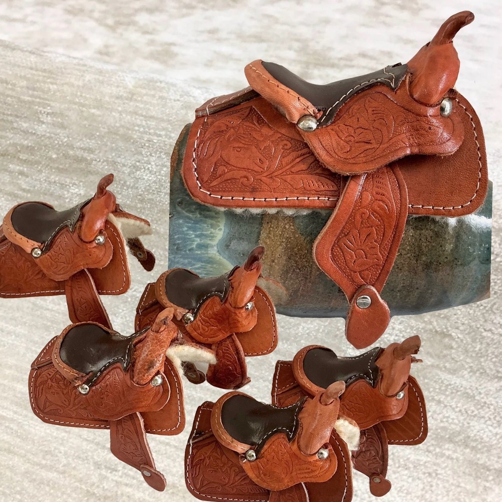 Vtg Lot of 5 Miniature Horse Saddles Cowboy Genuine Leather Cowgirl Mini Small B