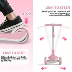 Commugo Kids 3 Wheel Scooter for Ages 3-10 Years Girls/Boys,Toddler Scooter,Pink