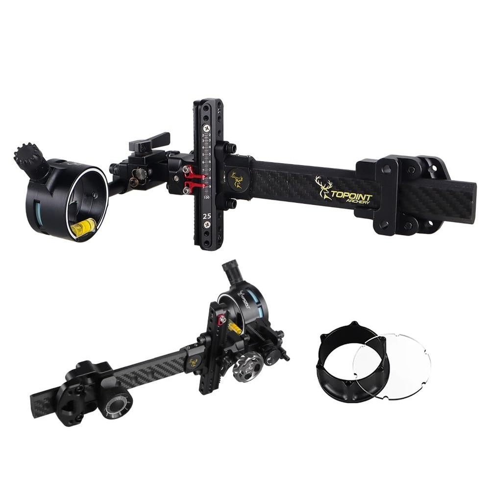 Compound Bow Sight Single Pin Bow Sight 0.019″ Fiber 4X 6X 8X Lens Carbon Fib…