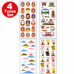 Japanese Gold Foil Sticker Set 4 Sheets Maneki Neko Mt Fuji Daruma Travel
