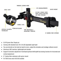 Compound Bow Sight 1 Pin,4X 6X 8X Lens, 0.019″ Fiber, Carbon Fiber Long Bar, …