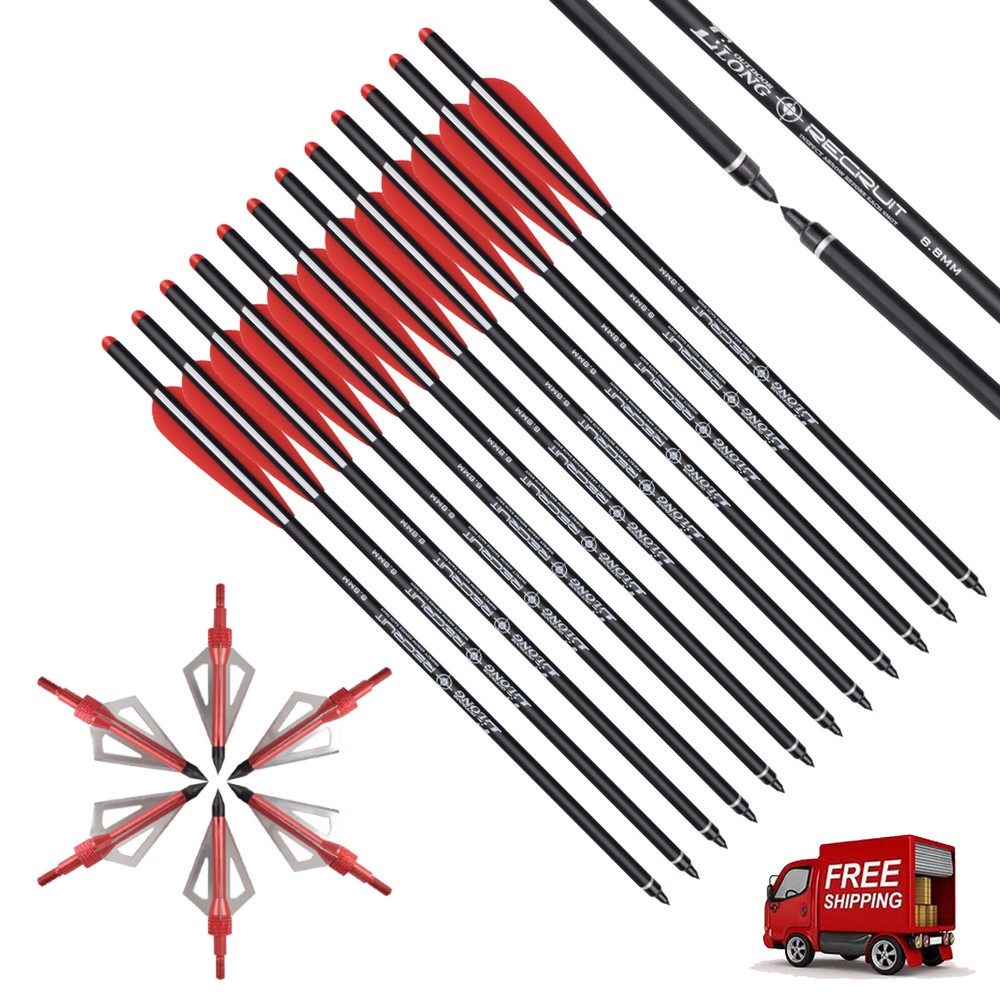 12PCS 22» Crossbow Bolts Carbon Arrows +12 Broadheads 100 grain Target Hunting
