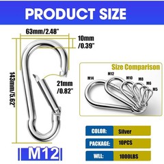 10Pack 5.5 Inch Heavy Duty Carabiner Clips Spring Snap Hooks for Swing 1/2″ 12m