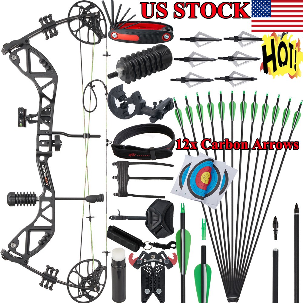 30-70lbs Archery Compound Bow Wheelbase 30.5» & Carbon Arrows for Hunting Shoot