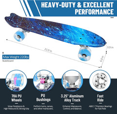22 Inch Skateboards for Kids, Cruiser Skateboard for Beginners Girls Boys Teens