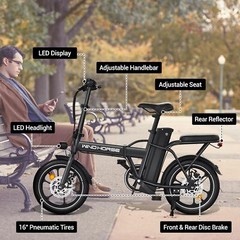 630W 2-Seat 16″ Tire Foldable Ebike 25MPH Commuter Electric Bicycle for Adult US