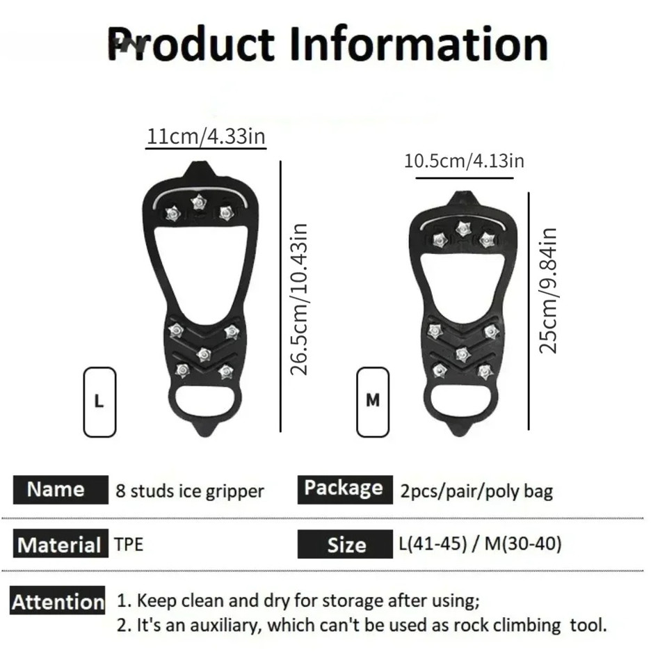 1 Pair 8-Teeth Ice Gripper Anti Slip Shoe Crampons Snow Cleats – NEW