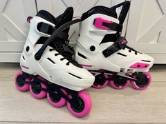 Rollerblade Apex Junior Adjustable Fitness Inline Skate, White/Pink 5.5-7.5