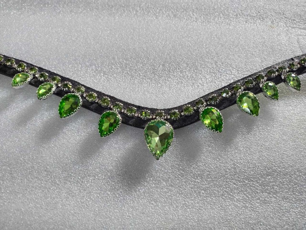Premium Leather Horse Bridle Green Clear Crystal Brow-Band All Sizes.