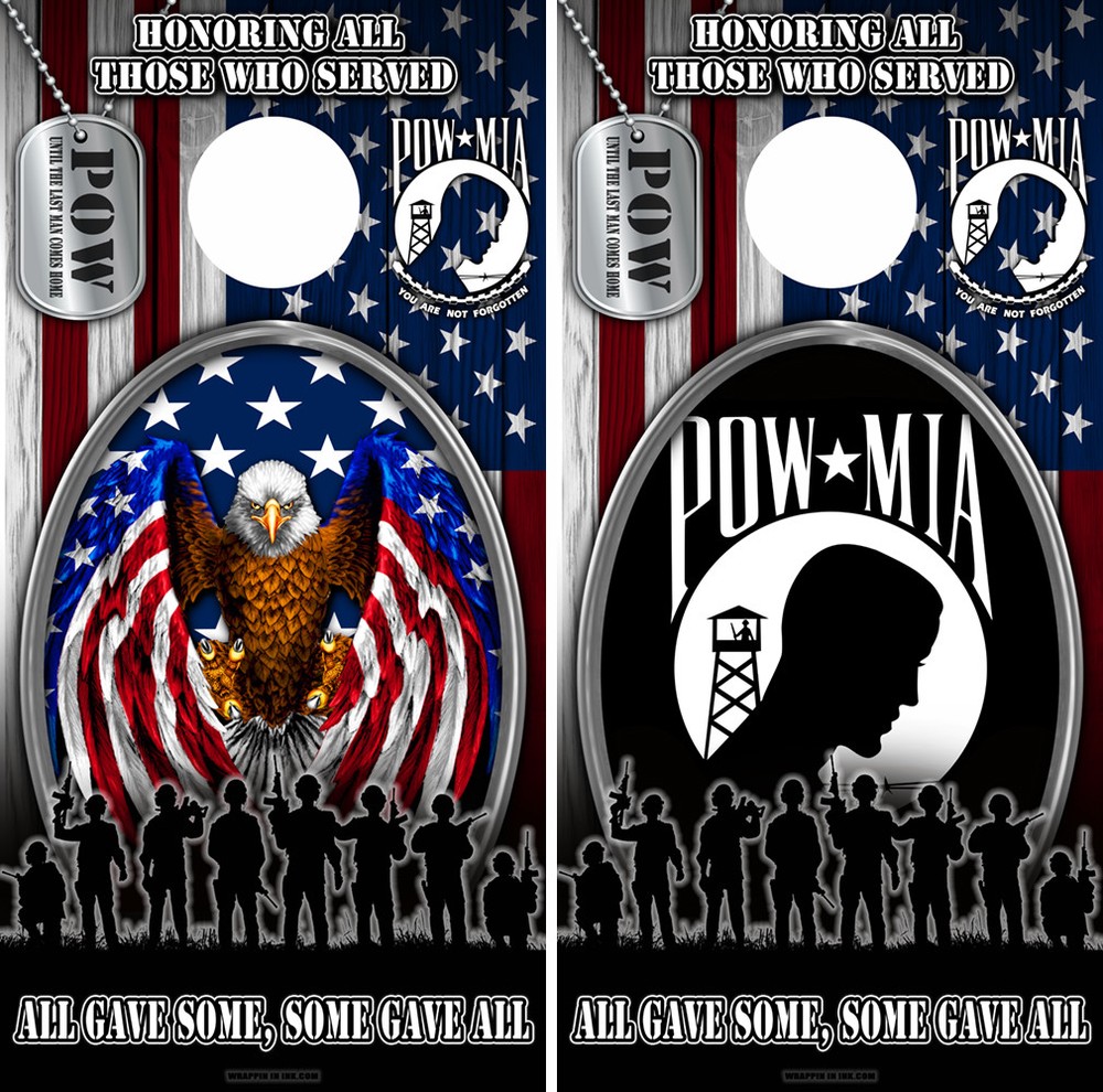 Cornhole Board Wraps US Military Vet POW Dog Tags American Flag Bald Eagle combo