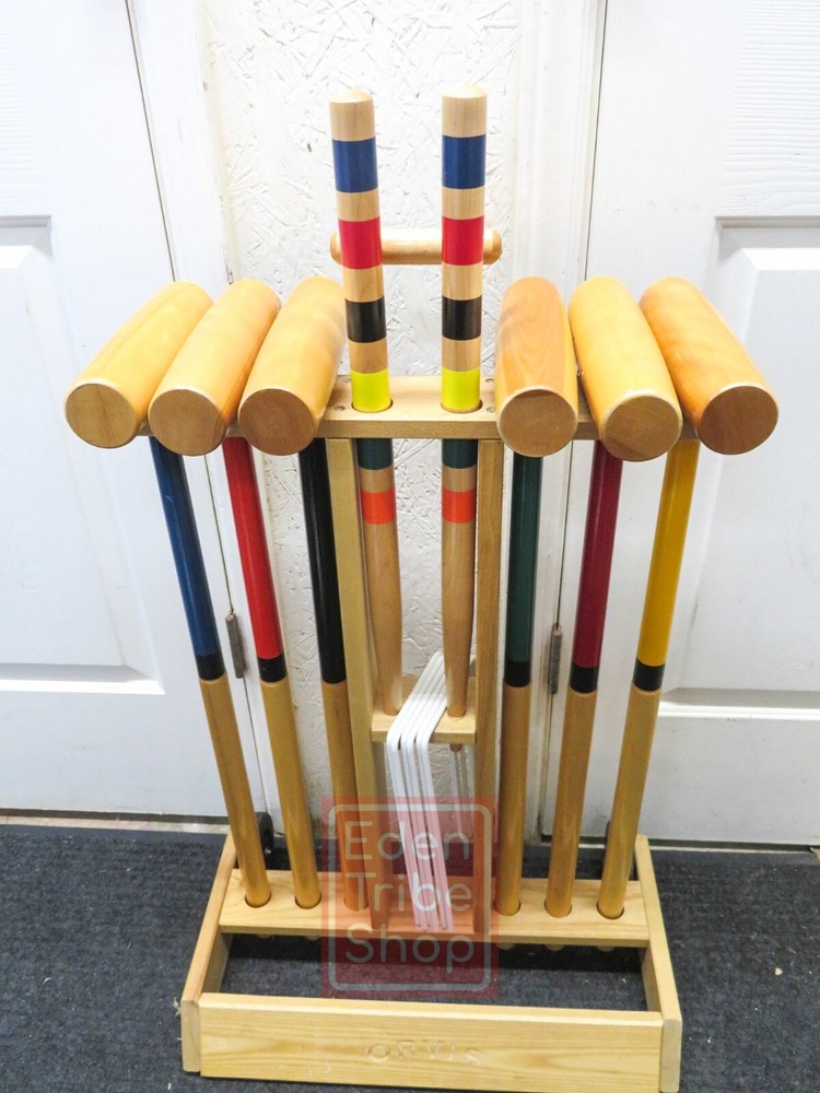 Orvis Croquet Set Rolling Caddy 6-Player Wood Croquet Set w/ 6 Mallets NO BALLS