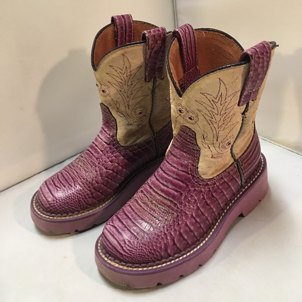 Ariat Fatbaby Western Boots Kids Size 12 Purple Croc Print Suede Embroidery