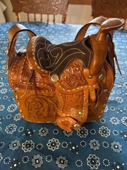 Vintage Leather Horse Saddle Crossbody Shoulder Bag Tooled Western