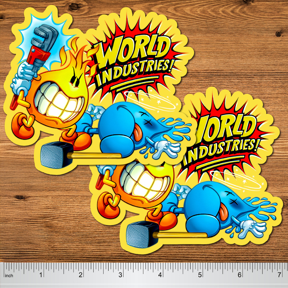 World Industries Vinyl Waterproof 2 Pack 90s Skateboard Stickers 5″ Flamboy