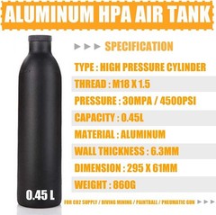 4500psi Aluminum HPA Air Tank M18*1.5 Scuba Paintball Cyclinder Bottle 0.45L