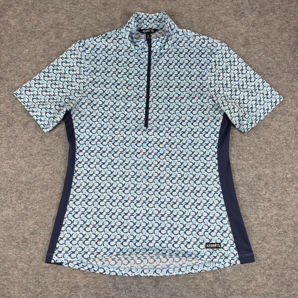 Kerrits Aire Ice Fil Riding Shirt 1/4 Zip Horseshoe Print Blue Womens Small S *