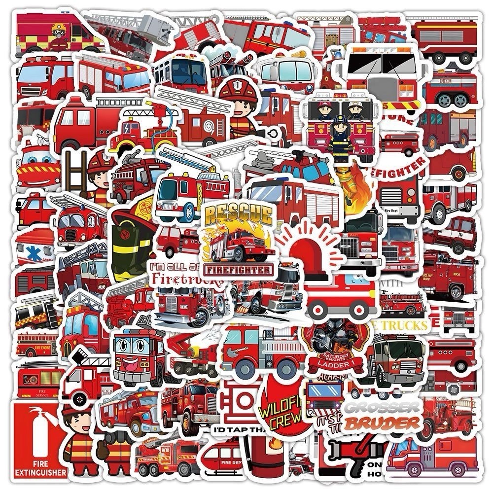 30Pcs Cute Cartoon Fire Fighting Engine Vehicle Fireman Waterproof Stickers