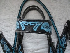 Black Leather w Blue Floral Horse Tack Set Bridle, Bit, Breast Collar, reins