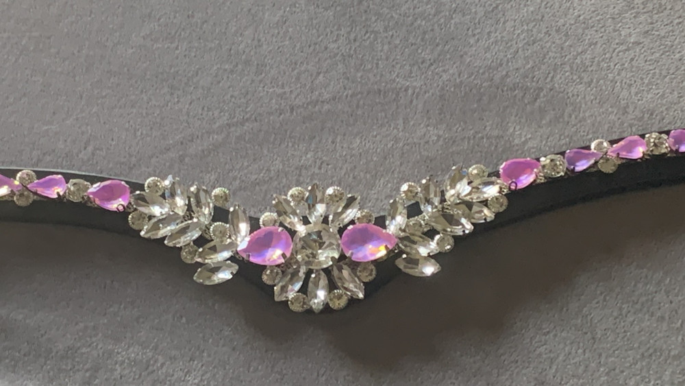 BLACK LEATHER PINK CRYSTAL BROWBAND X Full 17.5″ Fuschia & Clear rhinestones