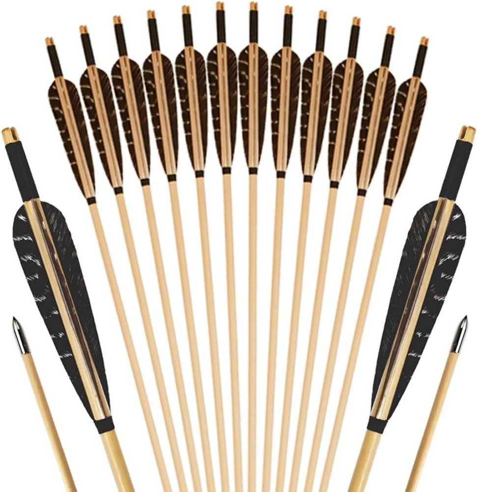 Luoyer 12 Pcs Archery Wooden Arrows with Feathers Handmade Targeting Arrows f…