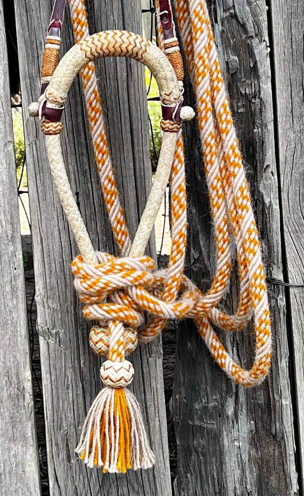 Cowboy Handmade 24 X 48 Plait 5/8″ AMBER ALL- RAWHIDE HACKAMORE By Jimmy Flores