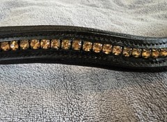 Black Leather Padded Browband With Snaps and Amber Crystals