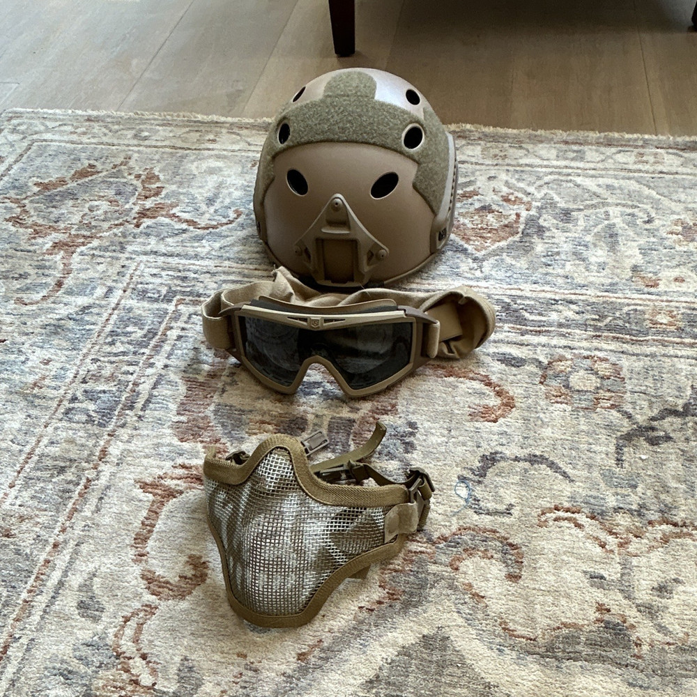 Tan Tactical Airsoft Helmet Set w/ Goggles & Mesh Lower Face Mask
