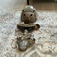 Tan Tactical Airsoft Helmet Set w/ Goggles & Mesh Lower Face Mask