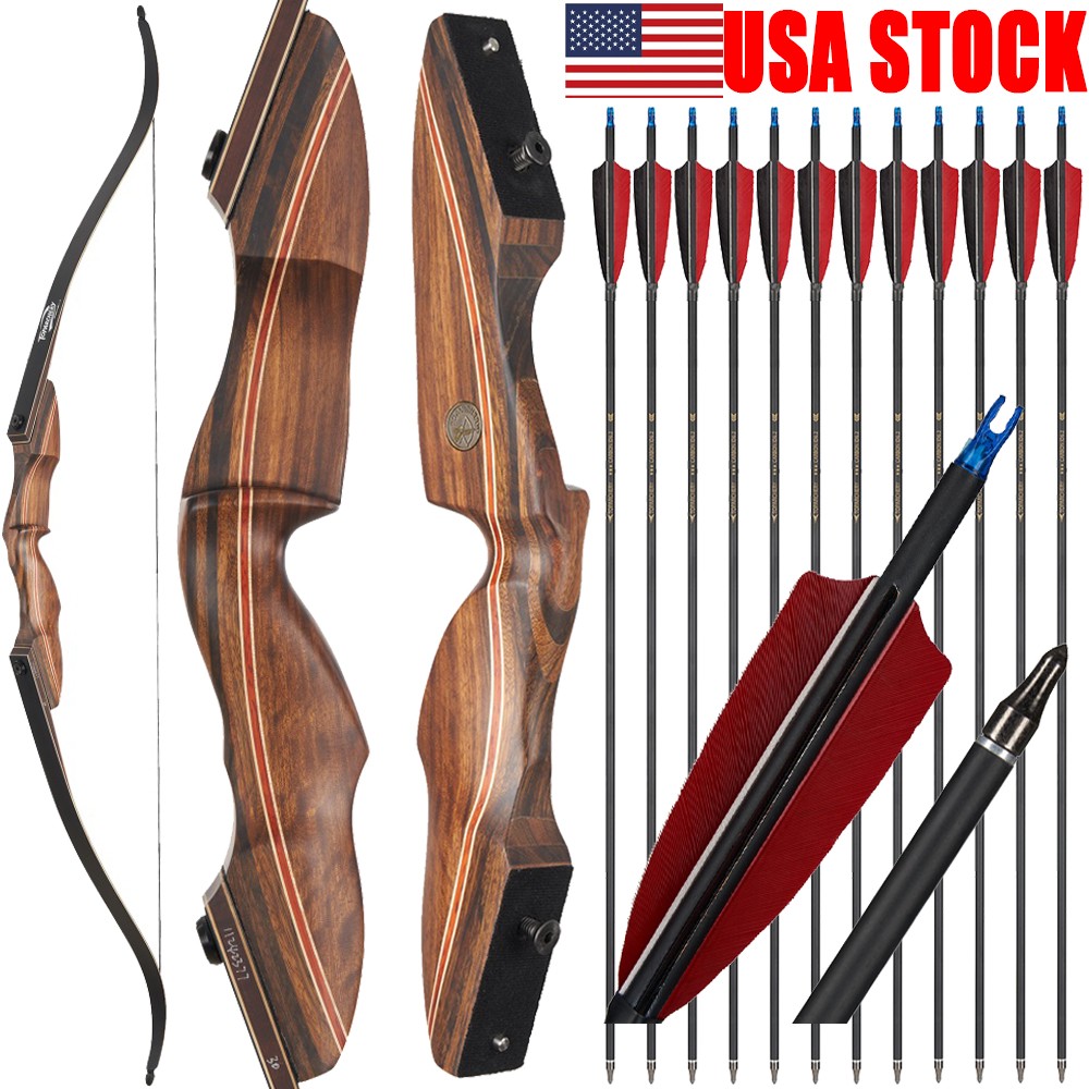 60″ Recurve Bow Takedown Bow 25-60lbs Archery Hunting Shoot Target Carbon Arrows
