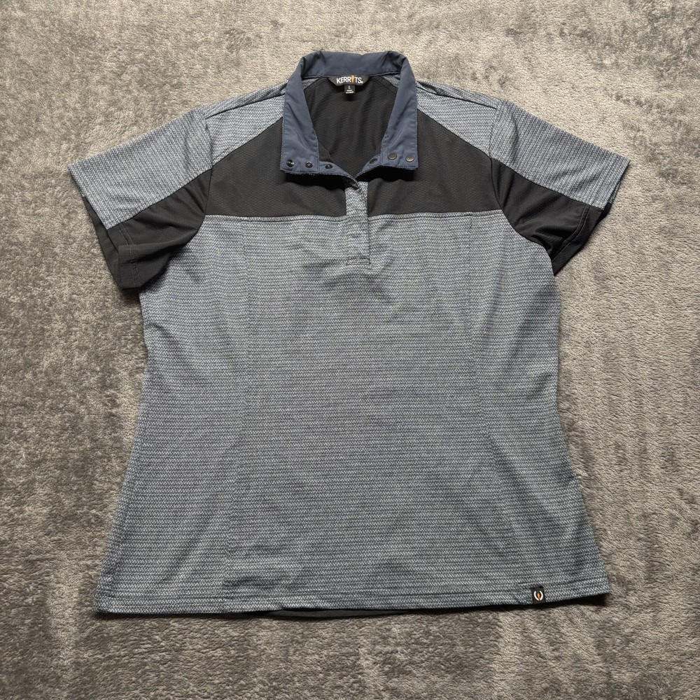 Kerrits Shirt Womens Large Blue Short Sleeve Polo Snap Outdoors Horse Equestrian