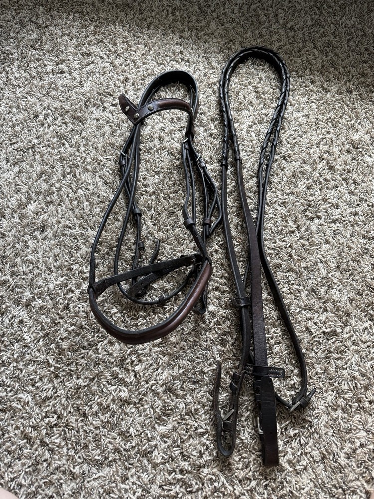 Full Size Silverleaf Brown Leather English Bridle “V” Bling Browband & Reins SHM