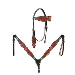 Western Leather Hand Tooled Headstall and Breast Collar Set with Reins