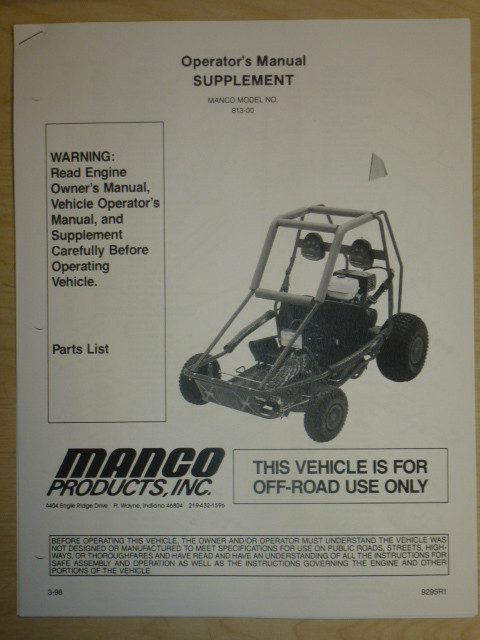 MANCO MODEL 813-00 GO KART PARTS LIST OPERATORS MANUAL CART