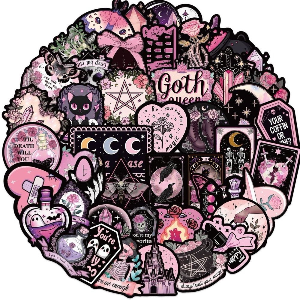 30Pcs Random Aesthetic Dark Pink Gothic Witch Skull Skeleton Waterproof Stickers