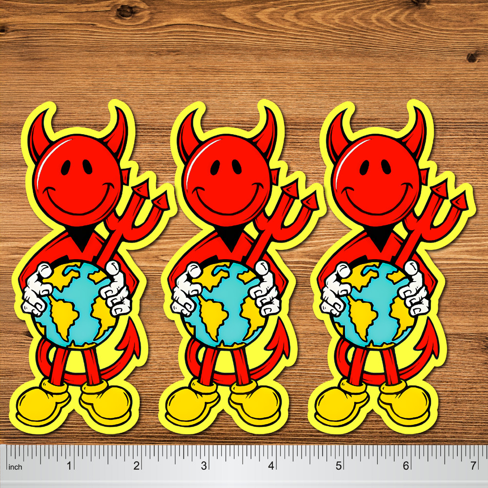 World Industries Vinyl Waterproof 3 Pack Devil Man holding Earth Stickers, 5.5″
