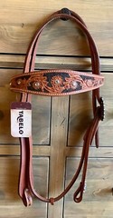 Western Leather Headstall Chestnut W/Black Floral, Wide-Browband Crystal Studs