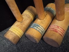 Set Of 3 Vintage Replacement Wooden Croquet Mallets 23” Handle Red, Yellow, Blue
