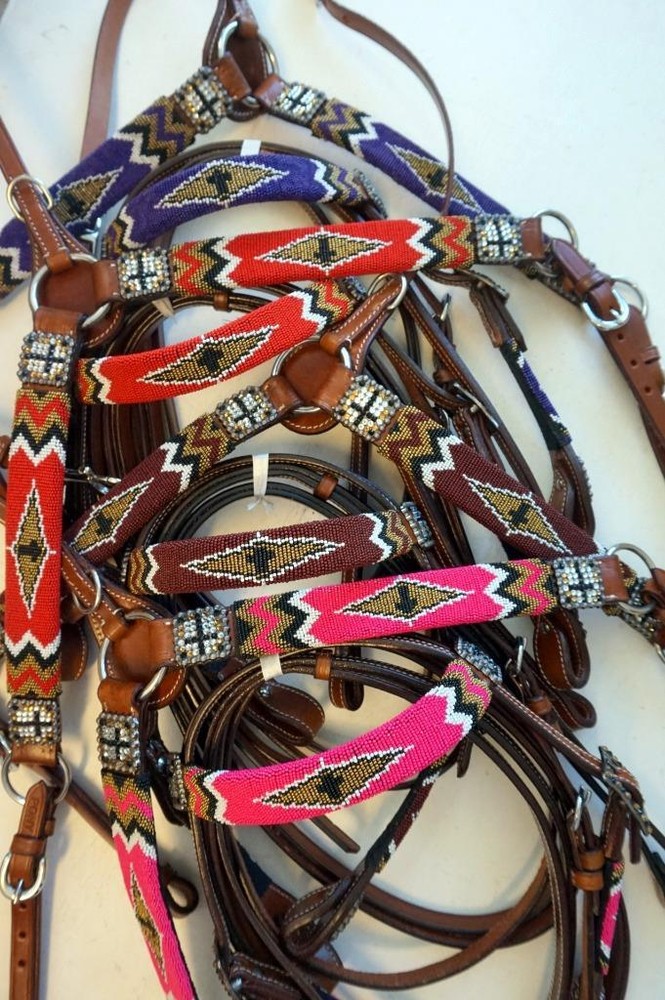 Tan w/Pink Teal Purple Brown Navajo beaded Cross Dsgn PONY Headstall Breastplate